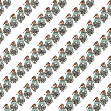 Seamless pattern illustration of a gnome with a beard in a hat. New year and Stock Illustration
