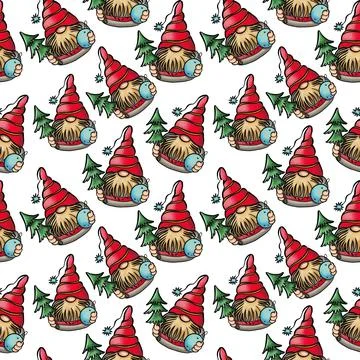Seamless pattern illustration of a gnome with a beard in a hat. New year and Stock Illustration