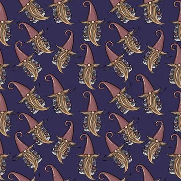 Seamless pattern illustration of a gnome with a beard in a hat. New year and Stock Illustration