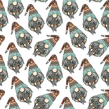 Seamless pattern illustration of a gnome with a beard in a hat. New year and Stock Illustration