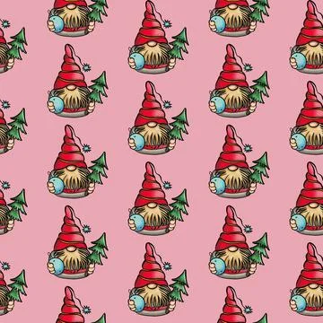 Seamless pattern illustration of a gnome with a beard in a hat. New year and Stock Illustration