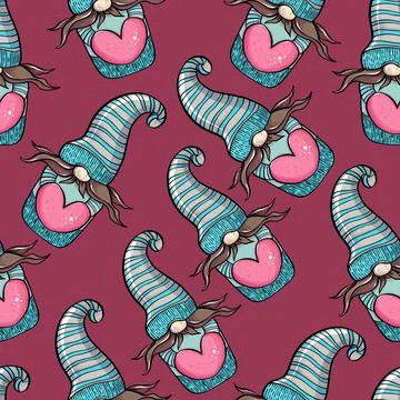 Seamless pattern illustration of a gnome with a beard in a hat. New year and Stock Illustration