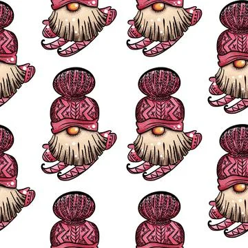 Seamless pattern illustration of a gnome with a beard in a hat. New year and Stock Illustration