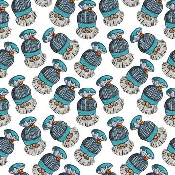 Seamless pattern illustration of a gnome with a beard in a hat. New year and Stock Illustration