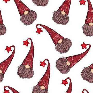 Seamless pattern illustration of a gnome with a beard in a hat. New year and Stock Illustration