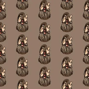 Seamless pattern illustration of a gnome with a beard in a hat. New year and Stock Illustration