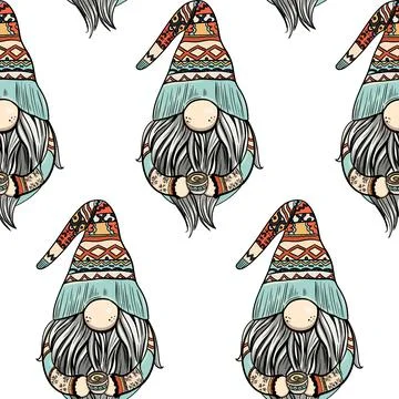 Seamless pattern illustration of a gnome with a beard in a hat. New year and Stock Illustration
