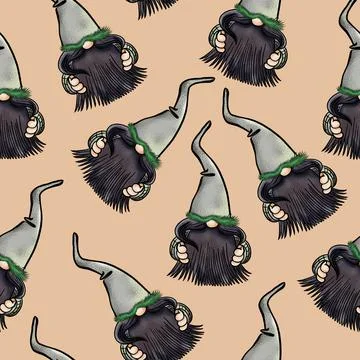 Seamless pattern illustration of a gnome with a beard in a hat. New year and Stock Illustration