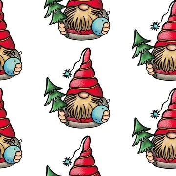 Seamless pattern illustration of a gnome with a beard in a hat. New year and Stock Illustration