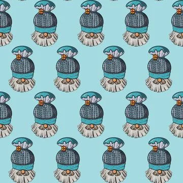 Seamless pattern illustration of a gnome with a beard in a hat. New year and Stock Illustration