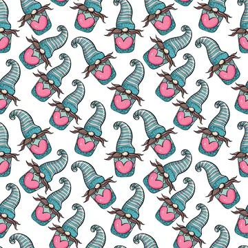 Seamless pattern illustration of a gnome with a beard in a hat. New year and Stock Illustration