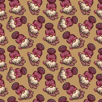 Seamless pattern illustration of a gnome with a beard in a hat. New year and Stock Illustration