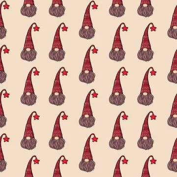 Seamless pattern illustration of a gnome with a beard in a hat. New year and Stock Illustration