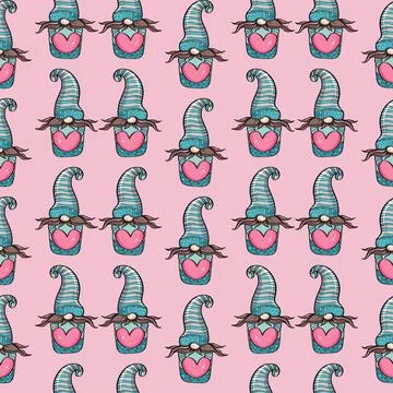 Seamless pattern illustration of a gnome with a beard in a hat. New year and Stock Illustration