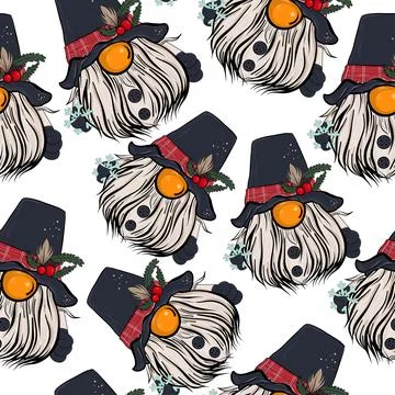 Seamless pattern illustration of a gnome with a beard in a hat. New year and Stock Illustration