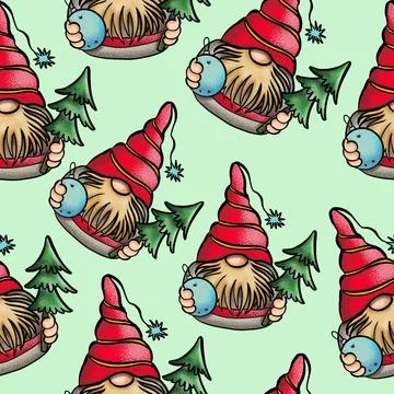Seamless pattern illustration of a gnome with a beard in a hat. New year and Stock Illustration