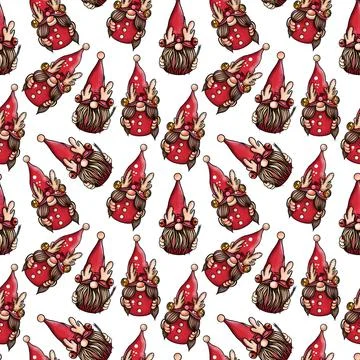 Seamless pattern illustration of a gnome with a beard in a hat. New year and Stock Illustration