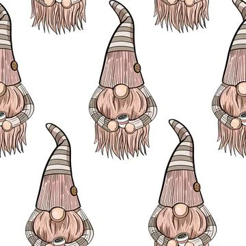 Seamless pattern illustration of a gnome with a beard in a hat. New year and Stock Illustration