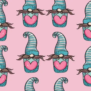 Seamless pattern illustration of a gnome with a beard in a hat. New year and Stock Illustration