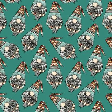 Seamless pattern illustration of a gnome with a beard in a hat. New year and Stock Illustration
