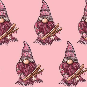 Seamless pattern illustration of a gnome with a beard in a hat. New year and Stock Illustration
