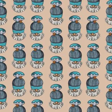 Seamless pattern illustration of a gnome with a beard in a hat. New year and Stock Illustration