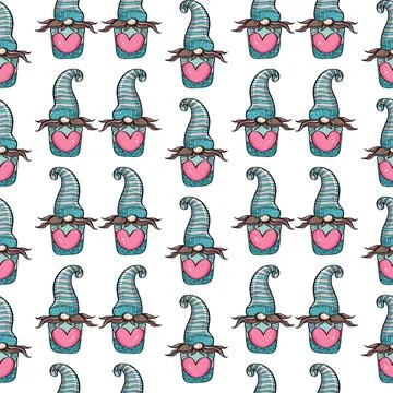 Seamless pattern illustration of a gnome with a beard in a hat. New year and Stock Illustration
