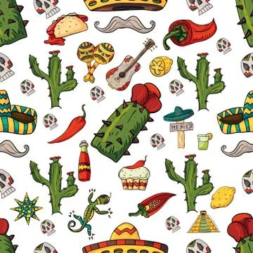 Seamless pattern illustration on isolated background Mexican elements white b Stock Illustration