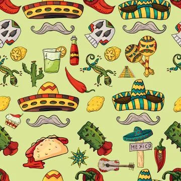 Seamless pattern illustration on isolated background Mexican elements green b Stock Illustration