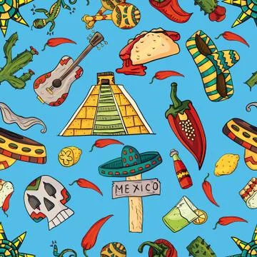 Seamless pattern illustration on isolated background Mexican elements blue ba Stock Illustration