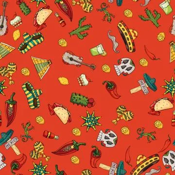 Seamless pattern illustration on isolated background Mexican elements red bac Stock Illustration