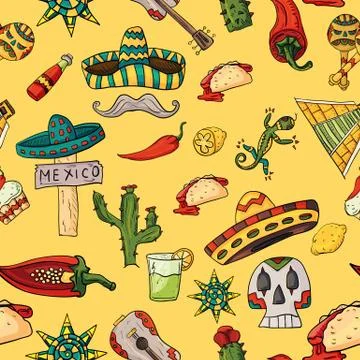Seamless pattern illustration on isolated background Mexican elements yellow Stock Illustration