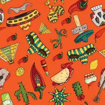 Seamless pattern illustration on isolated background Mexican elements orange Stock Illustration