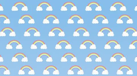 Seamless pattern illustration of rainbows with clouds on a blue background Stock Illustration