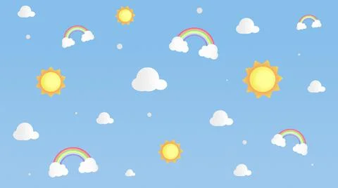 Seamless pattern illustration of rainbows, clouds and suns on a blue backgrou Illustrazione stock
