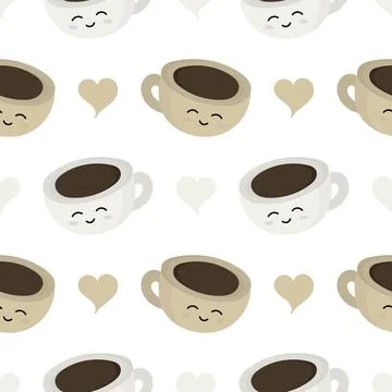 Seamless pattern illustration of two coffee cups with smiling faces Stock Illustration