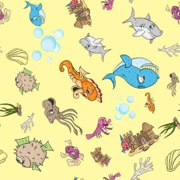 Seamless pattern illustration of underwater fish and water inhabitants, under Stock Illustration