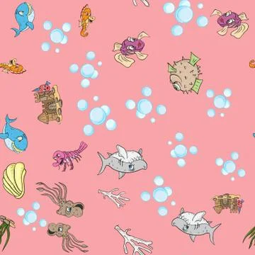 Seamless pattern illustration of underwater fish and water inhabitants, under Stock Illustration