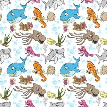 Seamless pattern illustration of underwater fish and water inhabitants, under Stock Illustration