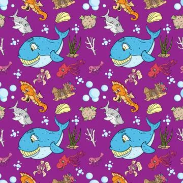 Seamless pattern illustration of underwater fish and water inhabitants, under Stock Illustration