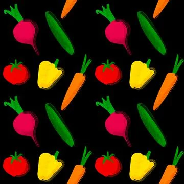 Seamless pattern with Illustration of vegetables on black Stock Illustration