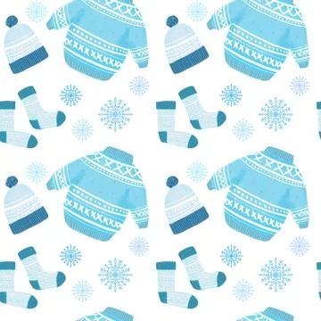Seamless pattern with illustration of winter clothes. Cute sweater, knitted hat Stock Illustration