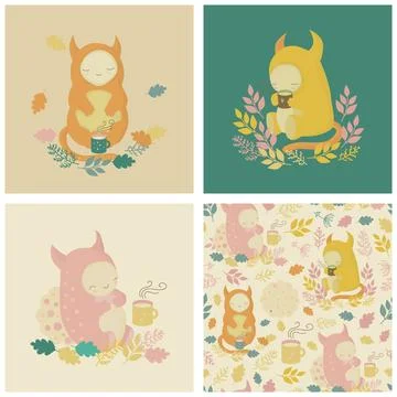 Seamless pattern, illustrations with cute cartoon monsters, mugs of tea, co.. Illustrazione stock