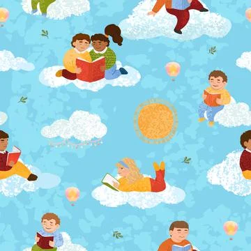 Seamless pattern with illustrations of cute children who read books Stock Illustration