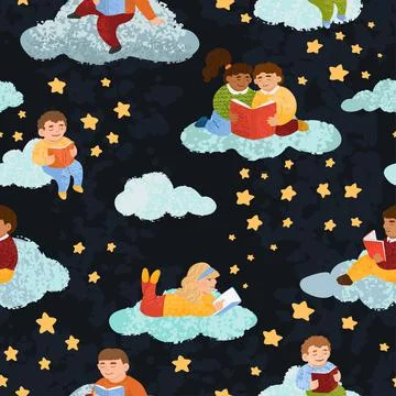 Seamless pattern with illustrations of cute children who read books Illustrazione stock