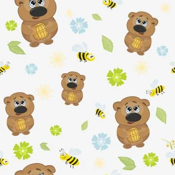 Seamless pattern of the image of a bear cub. Summer bright drawing, with bees Stock Illustration