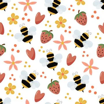 Seamless pattern with the image of bee, strawberry イラスト素材