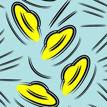 Seamless pattern with the image of cartoon UFO flying saucers on a blue backg Stock Illustration