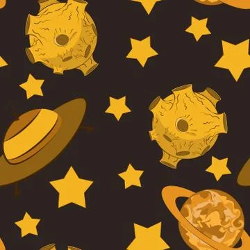 Seamless pattern with the image of cartoon UFO flying saucers, planets, stars Stock Illustration