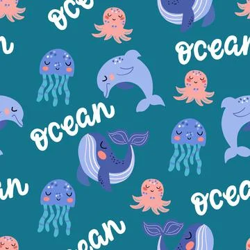 Seamless pattern with the image of cute sea animals in vector graphics. For the Stock Illustration